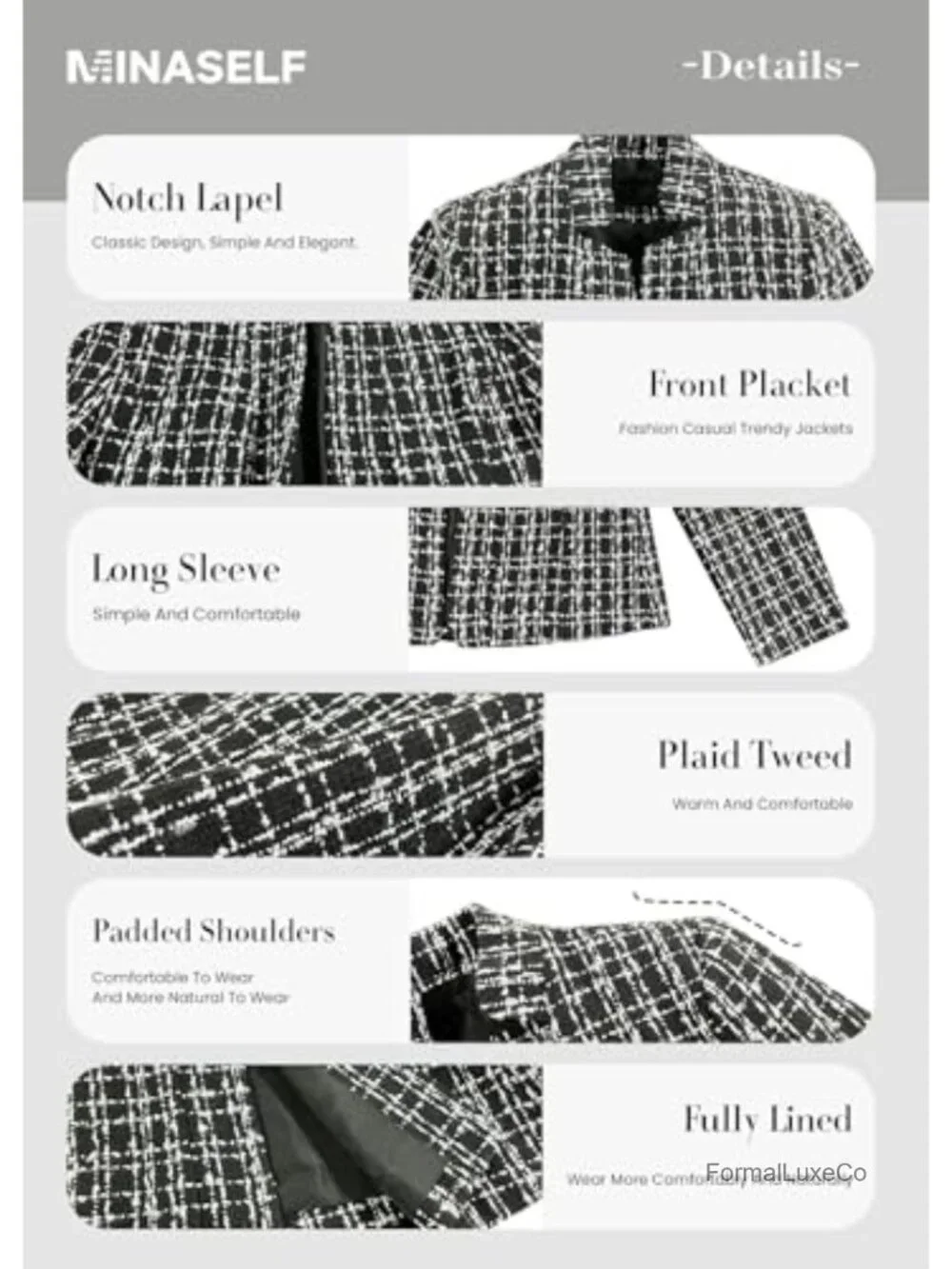 Women's Open Front Tweed Blazer - Lightweight Plaid Stand Collar Lined Casual